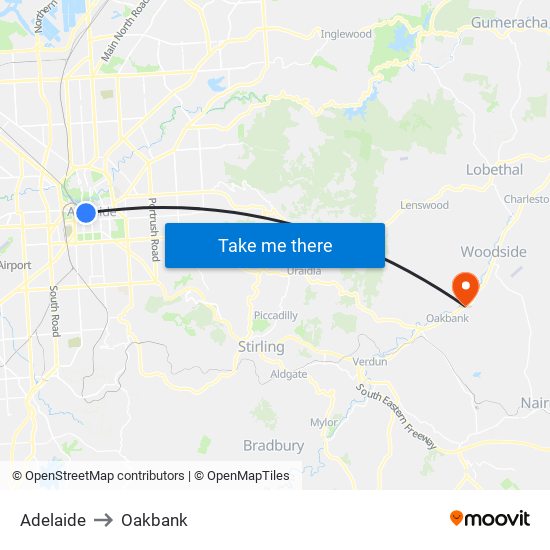 Adelaide to Oakbank map