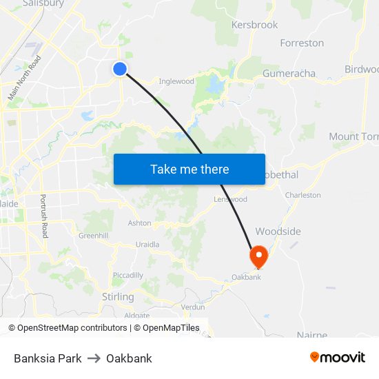 Banksia Park to Oakbank map