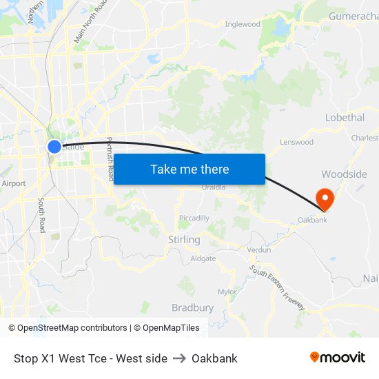 Stop X1 West Tce - West side to Oakbank map