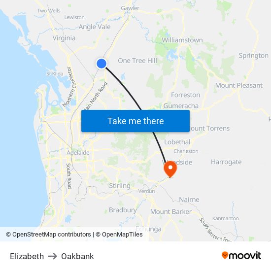 Elizabeth to Oakbank map