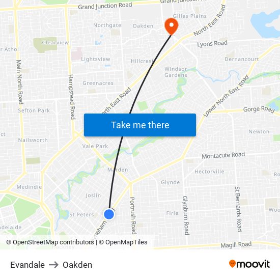 Evandale to Oakden map