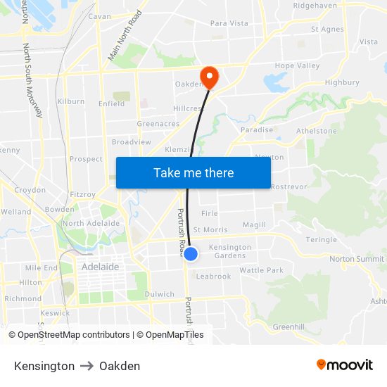 Kensington to Oakden map