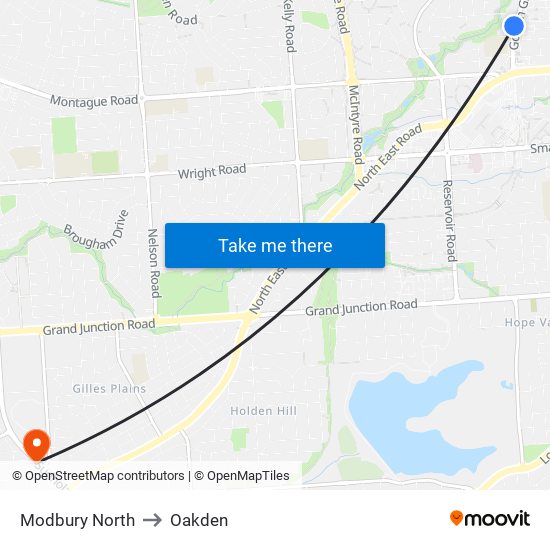 Modbury North to Oakden map