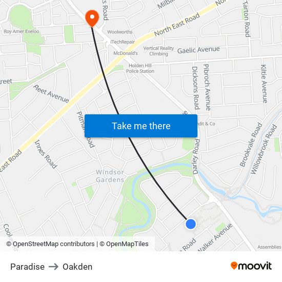 Paradise to Oakden map