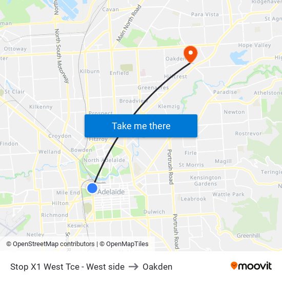 Stop X1 West Tce - West side to Oakden map