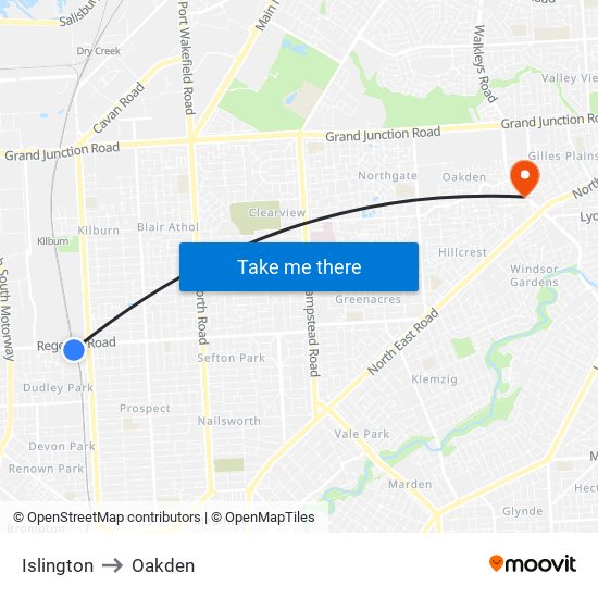 Islington to Oakden map