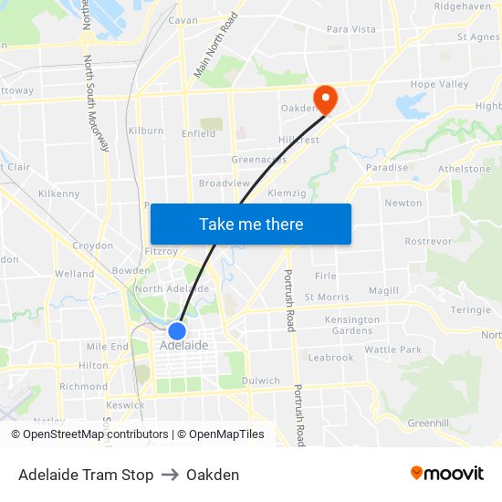 Adelaide Tram Stop to Oakden map