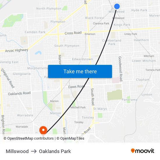 Millswood to Oaklands Park map