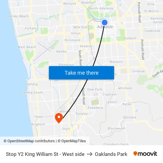 Stop Y2 King William St - West side to Oaklands Park map