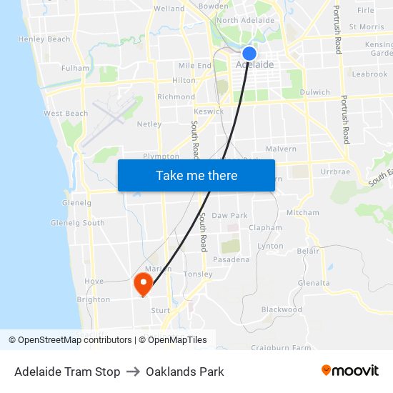 Adelaide Tram Stop to Oaklands Park map