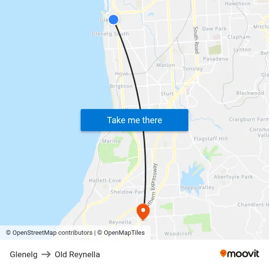Glenelg to Old Reynella map