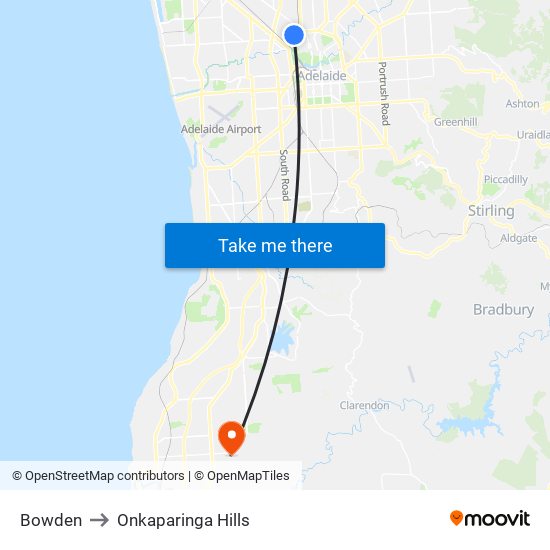 Bowden to Onkaparinga Hills map