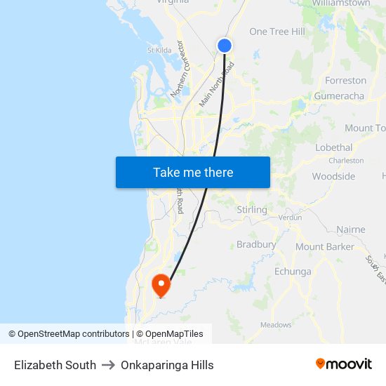 Elizabeth South to Onkaparinga Hills map