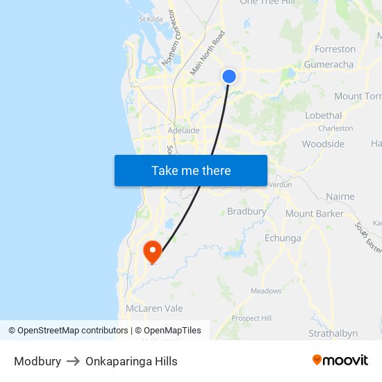 Modbury to Onkaparinga Hills map