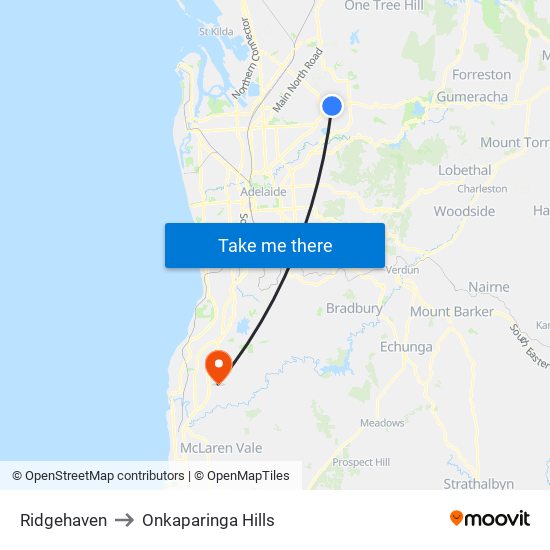 Ridgehaven to Onkaparinga Hills map