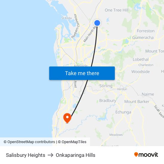 Salisbury Heights to Onkaparinga Hills map