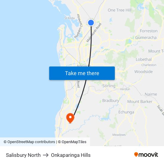 Salisbury North to Onkaparinga Hills map