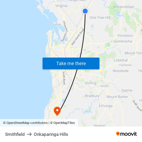 Smithfield to Onkaparinga Hills map