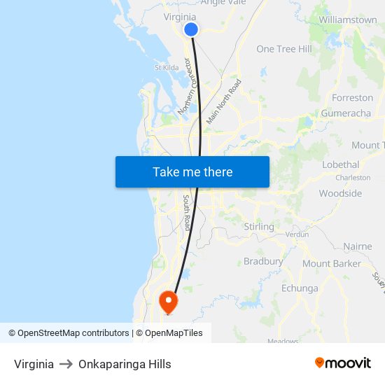 Virginia to Onkaparinga Hills map