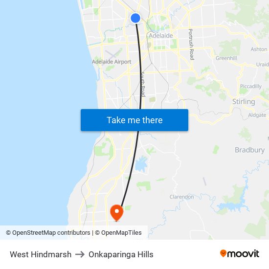 West Hindmarsh to Onkaparinga Hills map