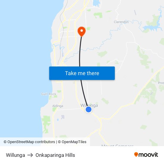 Willunga to Onkaparinga Hills map