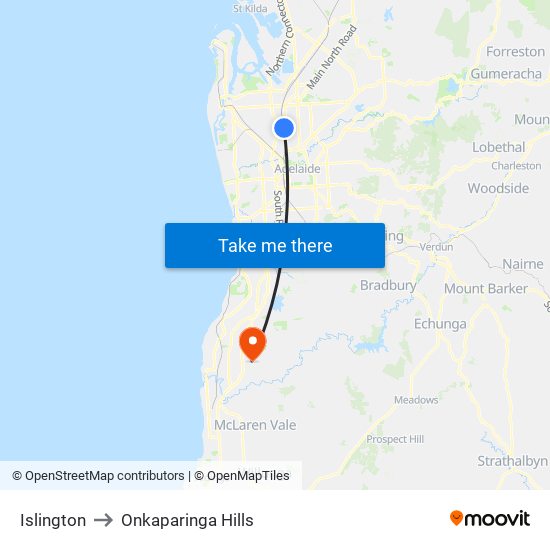 Islington to Onkaparinga Hills map