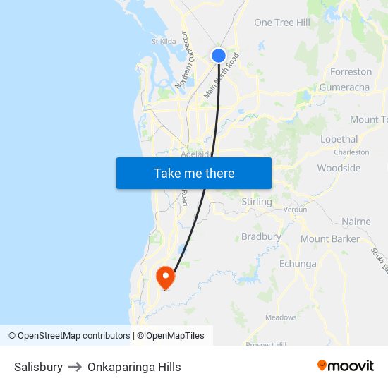 Salisbury to Onkaparinga Hills map