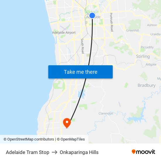 Adelaide Tram Stop to Onkaparinga Hills map