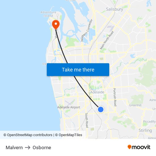 Malvern to Osborne map