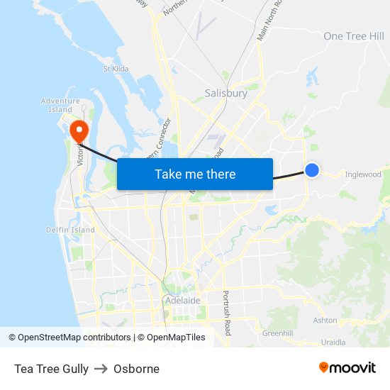 Tea Tree Gully to Osborne map