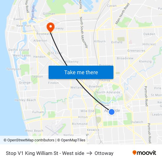 Stop V1 King William St - West side to Ottoway map