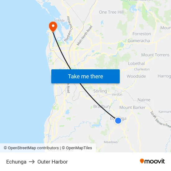 Echunga to Outer Harbor map