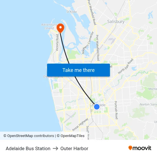 Adelaide Bus Station to Outer Harbor map