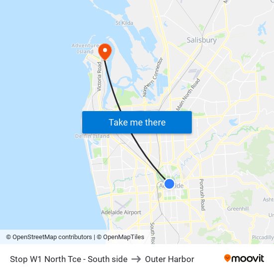 Stop W1 North Tce - South side to Outer Harbor map