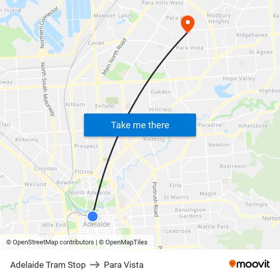 Adelaide Tram Stop to Para Vista map