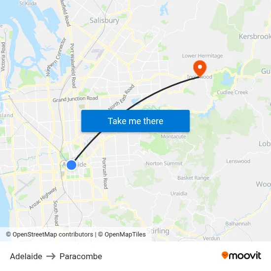 Adelaide to Paracombe map