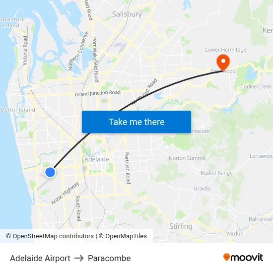 Adelaide Airport to Paracombe map