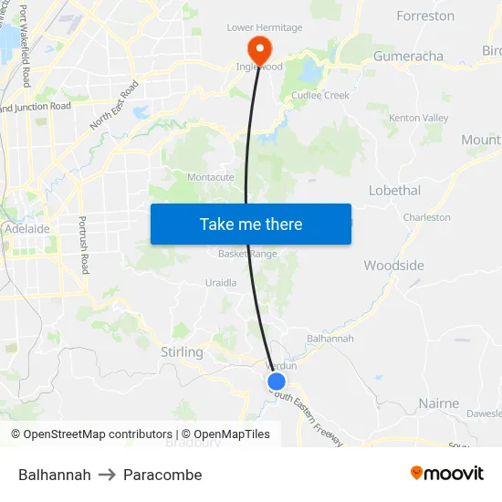 Balhannah to Paracombe map