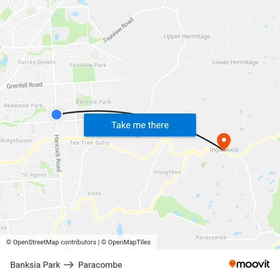 Banksia Park to Paracombe map