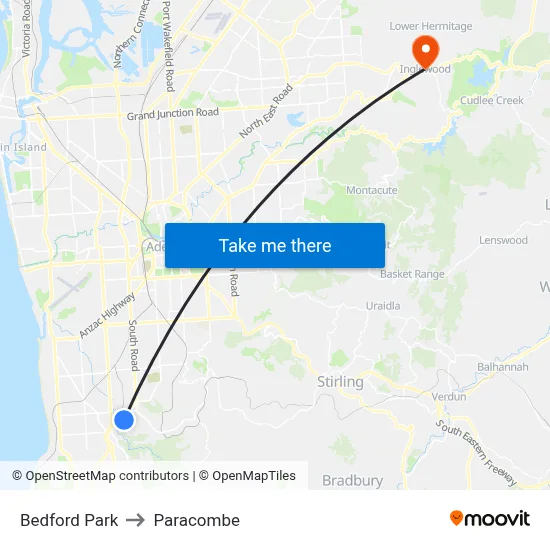Bedford Park to Paracombe map