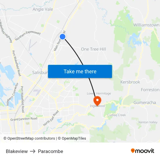 Blakeview to Paracombe map