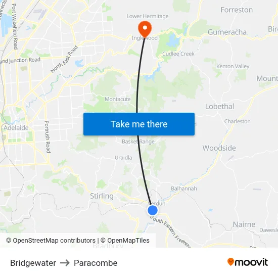 Bridgewater to Paracombe map