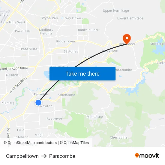Campbelltown to Paracombe map