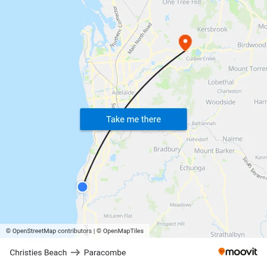Christies Beach to Paracombe map