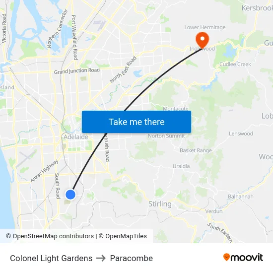 Colonel Light Gardens to Paracombe map