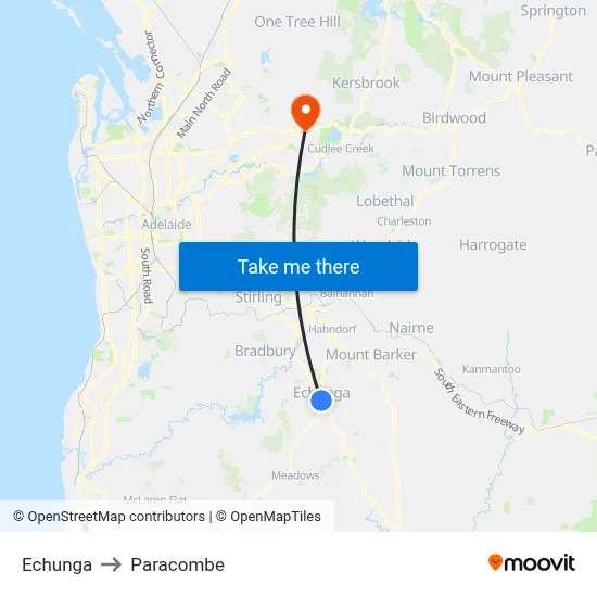 Echunga to Paracombe map