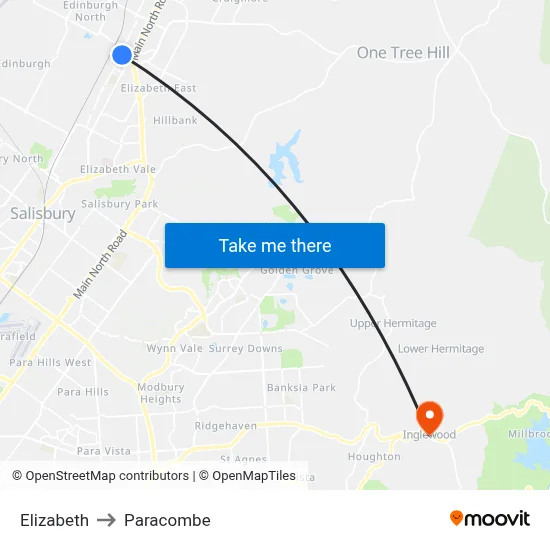 Elizabeth to Paracombe map