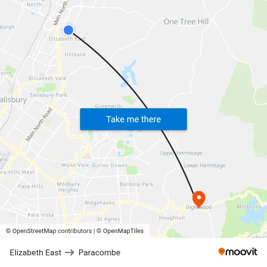 Elizabeth East to Paracombe map