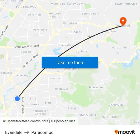 Evandale to Paracombe map