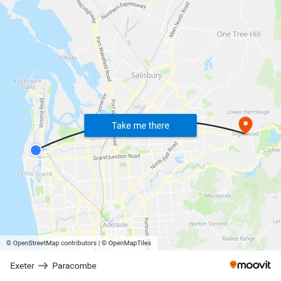 Exeter to Paracombe map